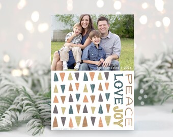 Modern Family Christmas Photo Card Template | Modern Christmas Trees Card Download | Peace Love Joy Family Photo Card | Minimalist Christmas