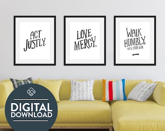 Micah 6:8 Set of Three Prints | Modern Scripture Art | Printable Christian Wall Decor | Christian Poster Bundle | Bible Verse Download