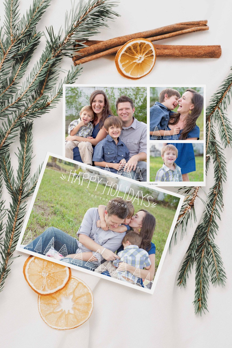 Happy Holidays Photo Card Holiday Photo Cards Modern Illustrated Trees Holiday Card Template Pictures Christmas Card with Photo image 2