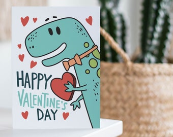 Dinosaur Happy Valentine's Day School Valentine | Dino Kids Valentines Cards | Set of Six Valentines Cards | Printable Valentines Day Cards