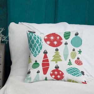 Christmas Ornaments Holiday Pillow, Illustrated Baubles Christmas Pillow, Vintage Ornaments Decor, Christmas Home Decor, Holiday Decor