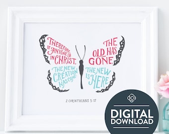 2 Korinther 5:17 | Die neue Schöpfung ist gekommen | Schmetterling Kunstdruck | Bibel Wandkunst | Schriftdruck | Christliche Geschenke für Zuhause