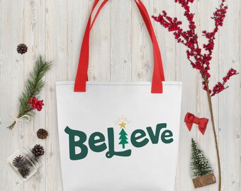クリスマストートバッグを信じる、クリスマスの魔法を信じるホリデーバッグ、再利用可能なクリスマスバッグ、持続可能なクリスマスラップ、ホリデーラップ