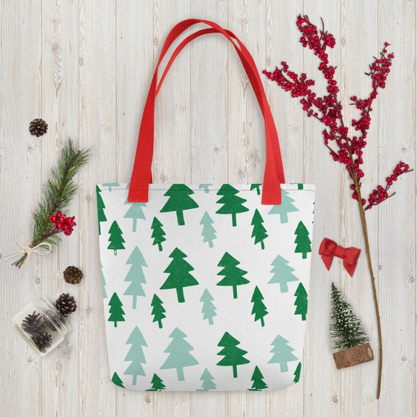Kerst Pine Trees Tote Bag, Kerst patroon herbruikbare gift bag, duurzame vakantie wrap, eco-vriendelijke kerst tas, vakantie tas