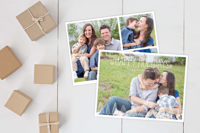 Happy Holidays Photo Card Holiday Photo Cards Modern Illustrated Trees Holiday Card Template Pictures Christmas Card with Photo image 4