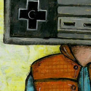 May include: A painting of a person wearing a brown vest and blue shirt. The person's head is covered by a retro video game console with a black cross-shaped button.