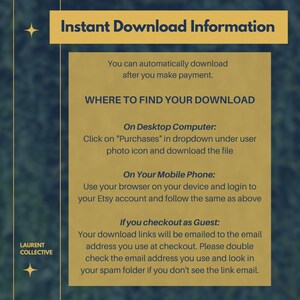 May include: A yellow and blue graphic with the text "Instant Download Information" and instructions on how to download digital products after purchase. The text includes information about downloading on a desktop computer, mobile phone, and as a guest.