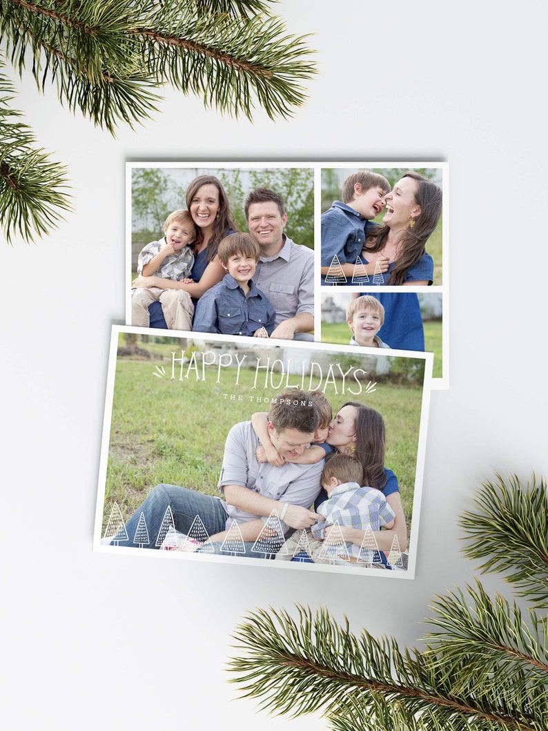 Happy Holidays Photo Card Holiday Photo Cards Modern Illustrated Trees Holiday Card Template Pictures Christmas Card with Photo image 3
