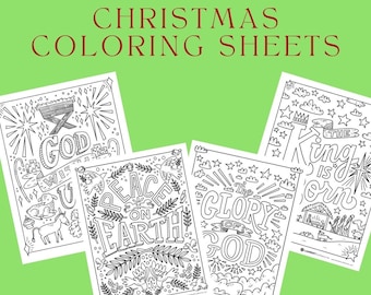 May include: Four printable Christmas coloring pages featuring religious themes. The pages include illustrations of a manger scene, a dove, a star, and a crown. The text on the pages includes "God with us", "Peace on Earth", "The Glory of God", and "The King is Born".