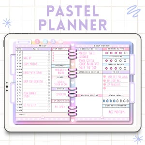 May include: A digital pastel planner displayed on a tablet. The planner features sections for daily routines, checklists, and notes. The text "PASTEL PLANNER" is at the top. The planner includes a section for tasks, time, and a to-do list.