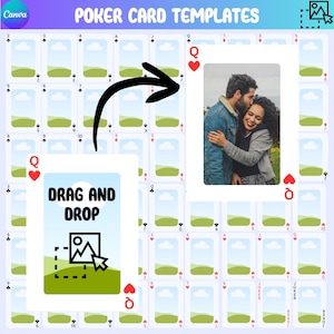 May include: A digital design template for poker cards, featuring a grid of playing card layouts. One card displays a photo of a couple, while another shows a drag-and-drop interface with the text "DRAG AND DROP". The top banner reads "POKER CARD TEMPLATES".