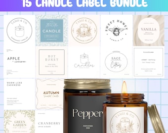 May include: A collection of 15 candle labels with diverse designs. The labels feature text like "Candle," "Sweet Honey," and "Vanilla." Two lit candles are in the foreground, one with "Pepper" on the label.