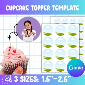 Może przedstawiać: Szablon toppera do babeczek z różową babeczką z lukrem i dziewczynką pokazującą kciuk w górę. Szablon zawiera okrągłe wzory z błękitnym niebem i zielonymi wzgórzami. Tekst brzmi "3 rozmiary: 3,8 cm-6,4 cm".