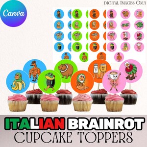 Könnte beinhalten: Cupcakes mit rosa Zuckerguss und dekorativen Tortenauflegern mit Cartoon-Tierillustrationen. Die Aufleger sind rund und farbenfroh, mit Bildern von Affen, Fröschen und anderen Kreaturen. Der Text "ITALIAN BRAINROT CUPCAKE TOPPERS" befindet sich unten.