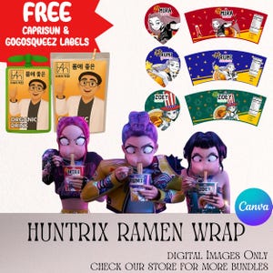 Etiquetas para fideos ramen de Demon Hunters de Kpop, fiesta de cosplay de Ramyeon, Huntrix, Rumi, Mira, Zoey, paquete imprimible para fiesta de cumpleaños de Kpop, fiesta de Halloween