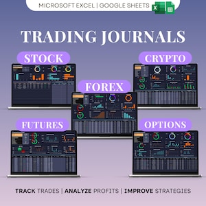 Può includere: Un'immagine che mostra cinque laptop che visualizzano i diari di trading per azioni, criptovalute, forex, futures e opzioni. I laptop sono disposti su uno sfondo sfumato viola. Il testo in alto recita "MICROSOFT EXCEL | GOOGLE SHEETS". Il testo in basso dice "TRACK TRADES | ANALYZE PROFITS | IMPROVE STRATEGIES".