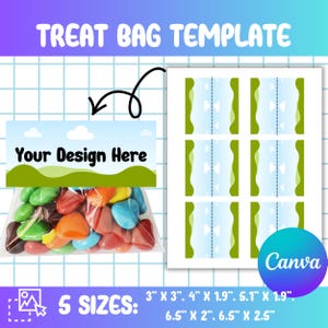 May include: A treat bag template with the text "TREAT BAG TEMPLATE" at the top. The design includes a bag filled with colorful candies, a label with the text "Your Design Here", and a sheet with multiple bag designs. The image also shows 5 sizes.