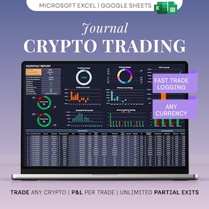 May include: A laptop screen displaying a crypto trading journal interface. The screen shows charts, graphs, and data tables with the text "Journal Crypto Trading." The interface includes the text "Fast Trade Logging" and "Any Currency."
