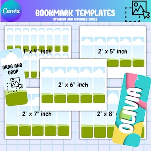 Puede incluir: Plantillas de marcapáginas con bordes rectos y redondeados, en varios tamaños. Los diseños incluyen un cielo azul y un paisaje verde. Los tamaños incluyen 2.54cm x 10.16cm, 5.08cm x 12.7cm, 5.08cm x 15.24cm, 5.08cm x 17.78cm y 5.08cm x 20.32cm. El logotipo de Canva es visible.