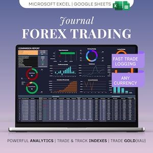 May include: A laptop screen displaying a Forex trading journal with charts and data. The screen shows "Journal FOREX TRADING" and "FAST TRADE LOGGING" and "ANY CURRENCY". The laptop is on a gradient purple background.