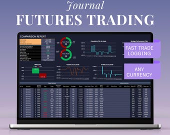 Futures Trading Journal Template Dark Mode Google Sheets Excel P&L Win Rate Day Trading Log Strategy Risk Tracker Metals Watchlist Pip Value