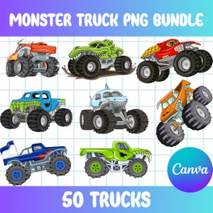 Puede incluir: Un conjunto de imágenes PNG de monster trucks de dibujos animados en varios colores, incluyendo rojo, verde, azul y naranja. Los camiones tienen neumáticos grandes y diseños únicos, con el texto "MONSTER TRUCK PNG BUNDLE" y "50 TRUCKS".