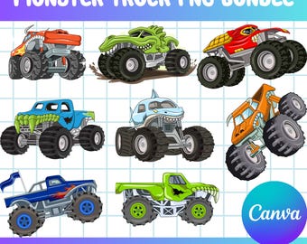 Paquete de imágenes PNG de Monster Truck, diseños de sublimación de camiones grandes, Monster Truck para niños, imágenes prediseñadas de Monster Truck, camión todoterreno, imágenes prediseñadas de camión, para Cricut