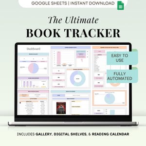 May include: A laptop displays a digital book tracker with charts and graphs. The screen shows the words "The Ultimate BOOK TRACKER", "Easy to Use", and "Fully Automated". The tracker includes a gallery, digital shelves, and a reading calendar.