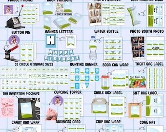 Mega-Vorlage & Mockup-Bundle, Canva bearbeitbares Gastgeschenk, Schokoladentafel, Chip-Beutel, DIY-Wasserflasche, Giebelbox-Etiketten, Ziehen und Ablegen-Rahmen