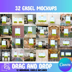 May include: A digital mockup featuring 32 easel designs with a landscape scene. The image includes the text "32 EASEL MOCKUPS", "DRAG AND DROP", and "12 INDIVIDUAL EASELS INCLUDED". The Canva logo is also visible.