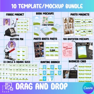 Könnte beinhalten: Ein digitales Design-Bundle mit dem Text "10 TEMPLATE/MOCKUP BUNDLE". Enthält Mockups für Kühlschrankmagnete, Buchcover, Fotomagnete, Button-Pins, Fotokabinenfotos, Einladungs-Mockups, Wimpelbanner und Visitenkarten. Der Text "DRAG AND DROP" ist ebenfalls enthalten.