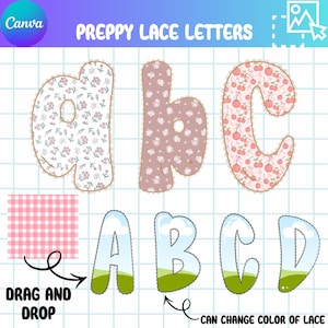 Pode incluir: A imagem mostra o texto "PREPPY LACE LETTERS". Apresenta as letras a, b e c com padrões florais e A, B, C e D com um design de céu e grama, todos contornados com renda. Há também um padrão xadrez rosa.