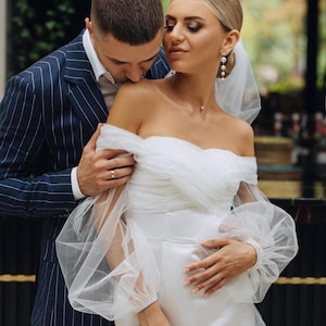 Off shoulder wedding dress with slit – Satin mermaid bridal gown – Corset wedding dress – Custom minimalist dress – Elegant modern gown