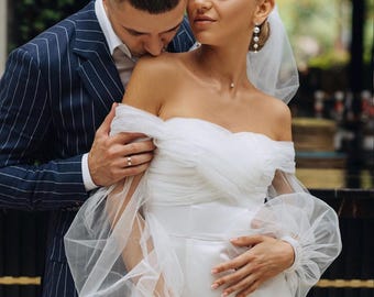 Off shoulder wedding dress with slit – Satin mermaid bridal gown – Corset wedding dress – Custom minimalist dress – Elegant modern gown