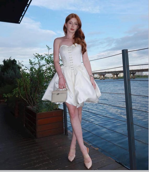 Strapless Satin Corset Dress - Short White Party Dress - Hook Detail Mini Gown