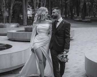 Off shoulder wedding dress White boho wedding dress Handmade minimalist wedding dress