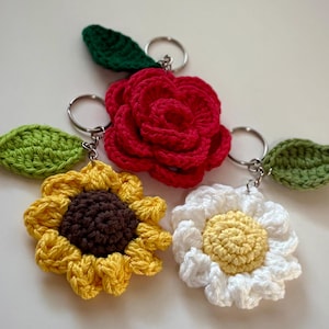 Crochet Flower Keychain: Handmade Cotton Rose, Daisy, Sunflower