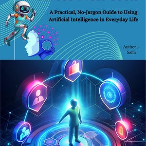 Könnte beinhalten: Buchcover mit dem Titel "AI for Non-Tech" in Blau- und Türkistönen. Es zeigt einen laufenden Roboter, eine menschliche Silhouette und eine Person, die auf einer digitalen Plattform steht. Der Untertitel des Buches lautet "Ein praktischer, jargonfreier Leitfaden zur Nutzung künstlicher Intelligenz im Alltag."