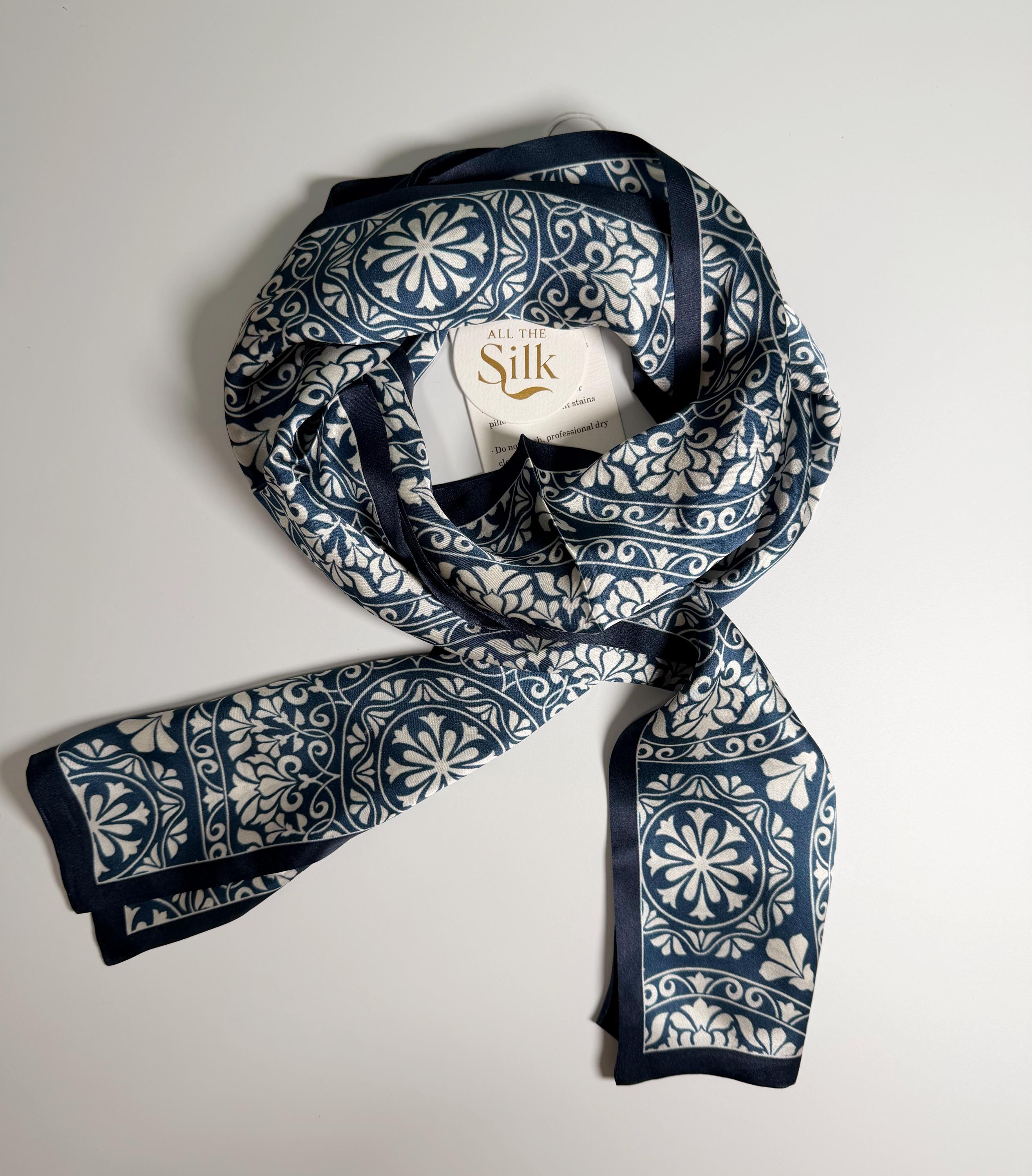 Blue Porcelain Mulberry Silk Neck Scarf Blue Chinoiserie Birds Twill Silk Scarf – 100% Mulberry Silk  main image 3