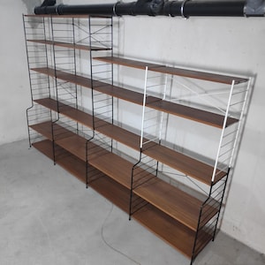 Original Nisse String Shelving System Vintage 60s 70s Retro 2.7 m Teak Veneer Freestanding Mid Century Modern Black Space Age Danish Design