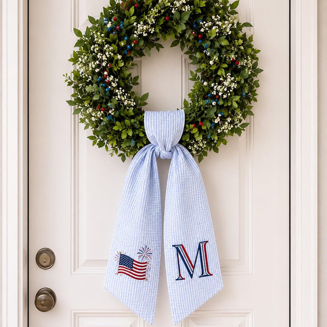 Personalized USA Flag Seersucker Wreath Sash, Monogram Patriotic Door Decor - 5x70, Blue Plaid