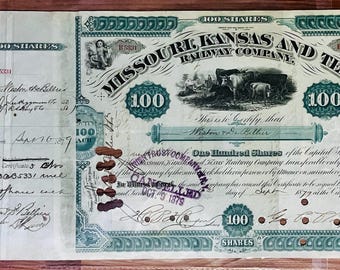 Antique 1879 Missouri Kansas and Texas Railway Stock Certificate, Original Scripophily Paper Ephemera, Vintage Cattle Vignette Railroad Art