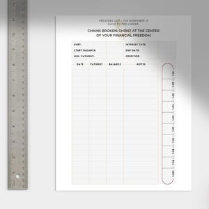 May include: A white debt tracker sheet with the text "Chains Broken: Christ at the Center of Your Financial Freedom." A metal ruler, a pen, and a cup of coffee are also visible.