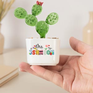 May include: A small green glass cactus with a red flower on top, planted in a white ceramic pot. The pot features the text Ms. JSHNSON in colorful, patterned letters, accompanied by small illustrations of a pencil, apple, and paper airplane.