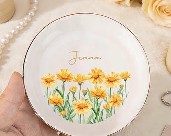 Personalized Watercolor Birth Month Flower Ring Trinket Dish ,Wildflower Jewelry Holder for Mom, Wedding Bridesmaid Gift,Mother's Day Gift