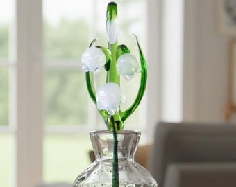 Lily Of The Valley Glass Flower with Vase, Hand-Blown Glass Flower Ornament, May Birth Month Flower, Birthday Wedding Gift for her