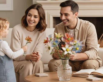 Buquê de flores de vidro soprado artesanalmente, representando o mês de nascimento – Floração Eterna