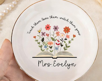 Plato de flores silvestres personalizado para maestros, agradecimiento al maestro, regalos de agradecimiento, regalo de fin de año para maestros, bandeja de baratijas para maestros con arcoíris.