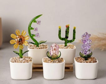 Escultura artesanal de suculenta em vidro, peça de decoração para casa.