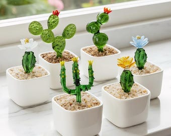 Vasos de vidro com plantas, suculentas de vidro, cactos de vidro, flores de vidro, plantas de vitral, plantas artificiais para casa, para amantes de cactos, ornamentos para vidro de carro